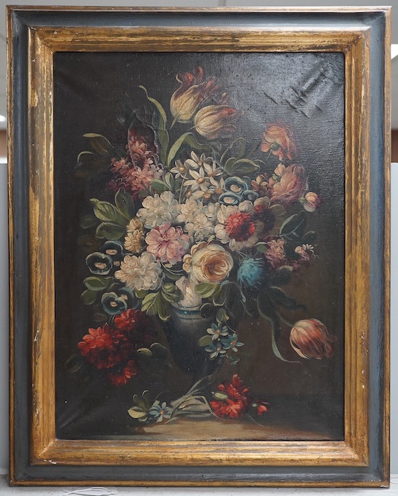 17th century Dutch style, oil on canvas, Still life of flowers in a vase, unsigned, 39 x 29cm. Condition - fair